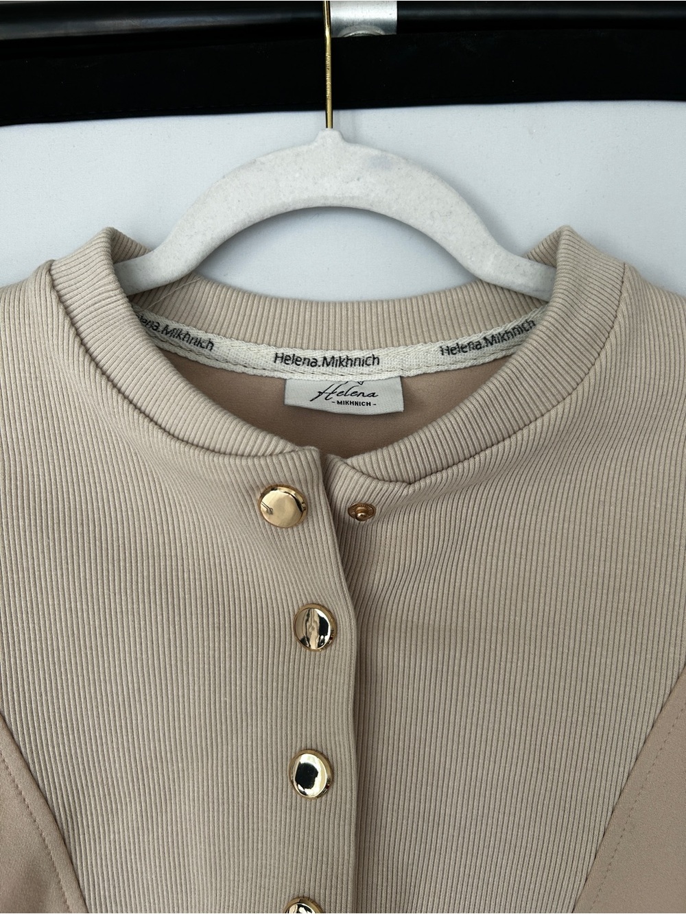 Beige Ribbed Yoke Henley Pullover Sweatshirt with Gold Buttons - Picture 2 of 2